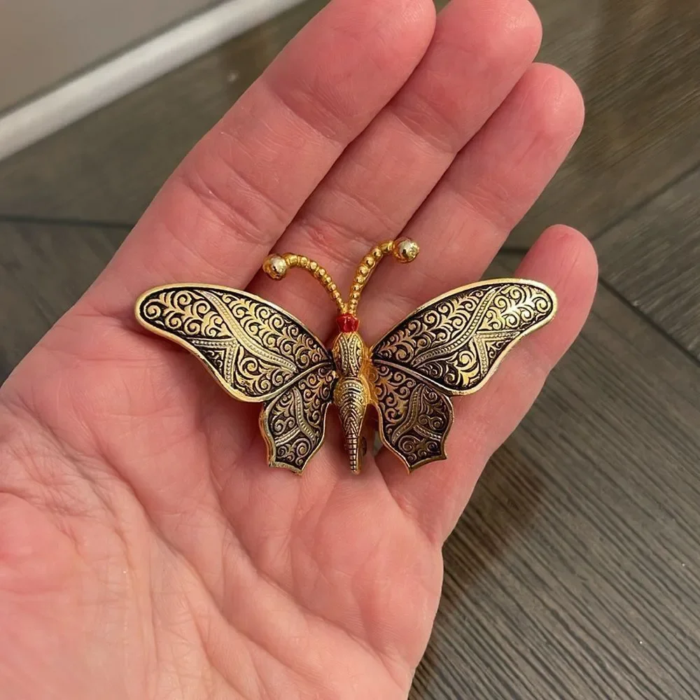 Vintage Damascene Butterfly Pin - Brooch Filigree Design Marked Spain